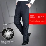 Thickened Down Mens Trousers Winter Windproof Warm Straight Cotton Wadded Pants Elastic Waist Fleece lined Outside Clothing 2 | PricZone