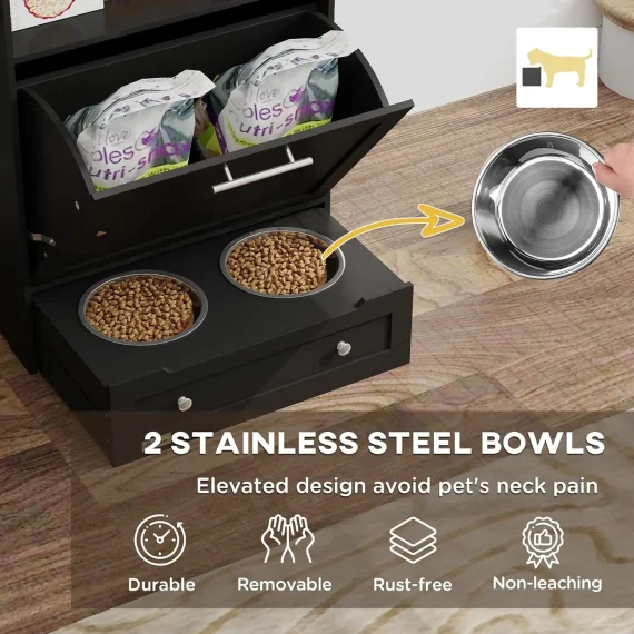 Black Pet Feeder Cabinet with Raised Dog Bowls 3 | PricZone