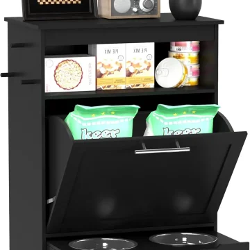 Black Pet Feeder Cabinet with Raised Dog Bowls 1