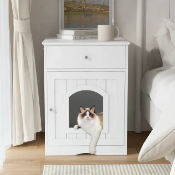 Wooden Cat Litter Box Enclosure with Drawer and Side Table 2