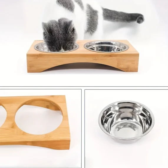 Ceramic Cat Bowl Set with Bamboo Tray Leakproof Design 3 | PricZone