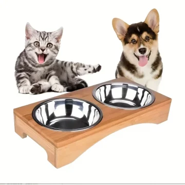 Ceramic Cat Bowl Set with Bamboo Tray Leakproof Design 1