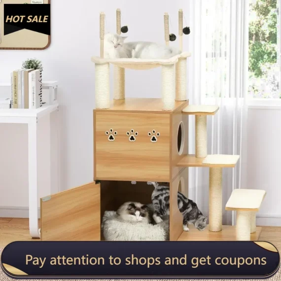 Modern Cat Tree With Litter Box Enclosure and Hammock 1 | PricZone