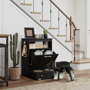 Black Pet Feeder Cabinet with Raised Dog Bowls 2