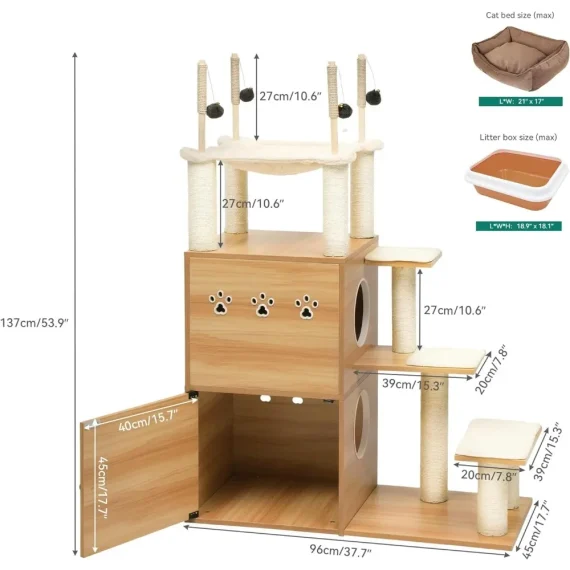 Modern Cat Tree With Litter Box Enclosure and Hammock 4 | PricZone