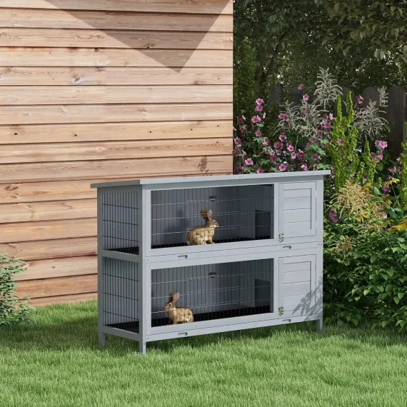 54 Inch 2 Story Wooden Rabbit Hutch Bunny Cage with Tray 2 | PricZone