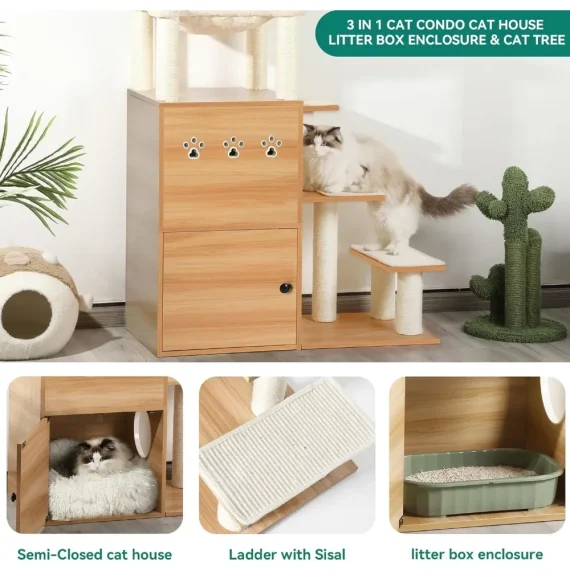 Modern Cat Tree With Litter Box Enclosure and Hammock 5 | PricZone