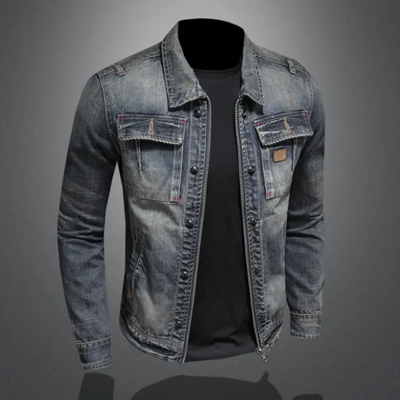 Vintage Denim Jacket Slim Fit Zip Up Cotton Coat 3 | PricZone