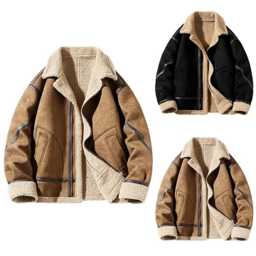 Suede Lapel Leather Jacket Thick Padded Coat 1