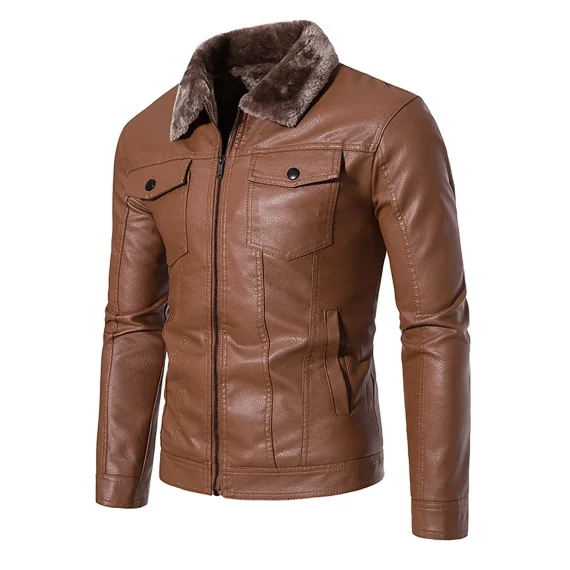 Retro Leather Collar Jacket   Slim Fit Biker Coat 4 | PricZone