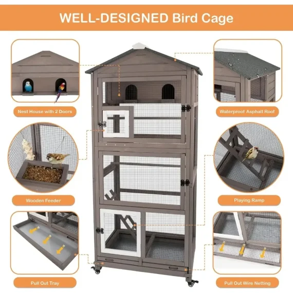 688 inch Large Wooden Bird Aviary Cage with Wheels 5 | PricZone