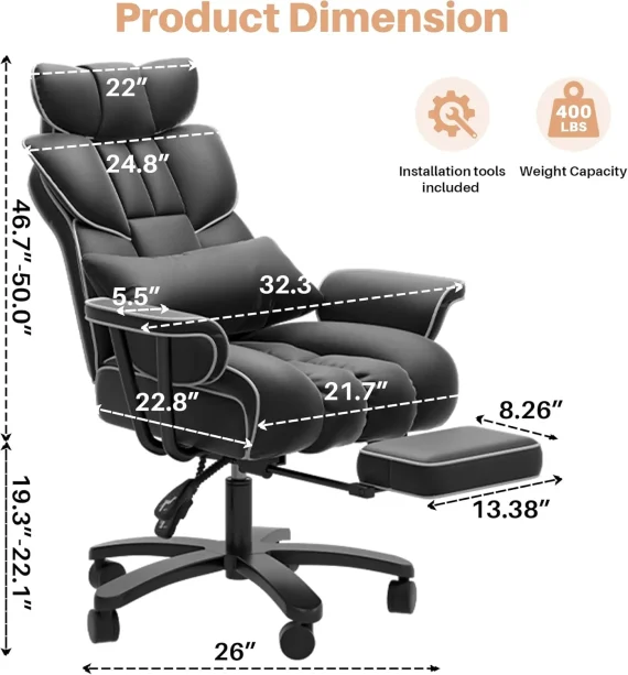 Big and Tall Office Chair 400lbs Wide Seat with Footrest 3 | PricZone