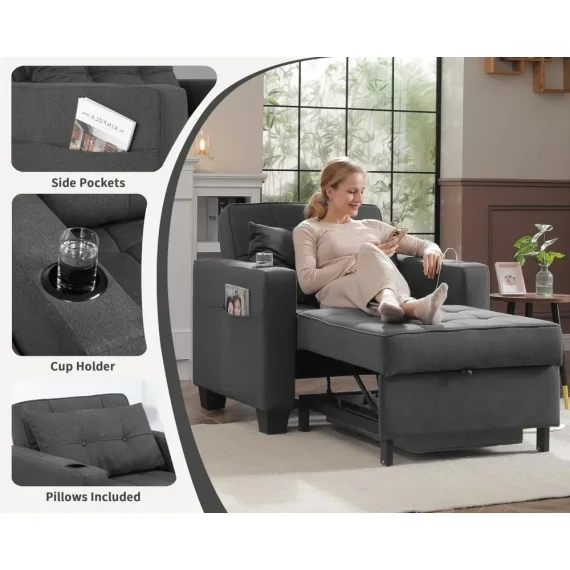 3 in 1 Convertible Sofa Bed with USB and Cup Holder 5 | PricZone