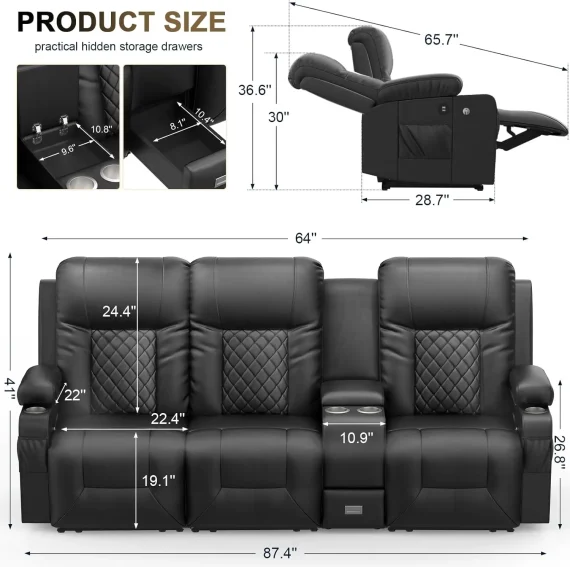 Yonisee 3 Seat Reclining Sofa with Storage and USB 2 | PricZone