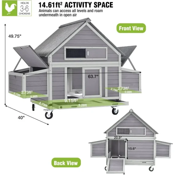 Large Movable Chicken Coop with Wheels and Nesting Boxes 6 | PricZone