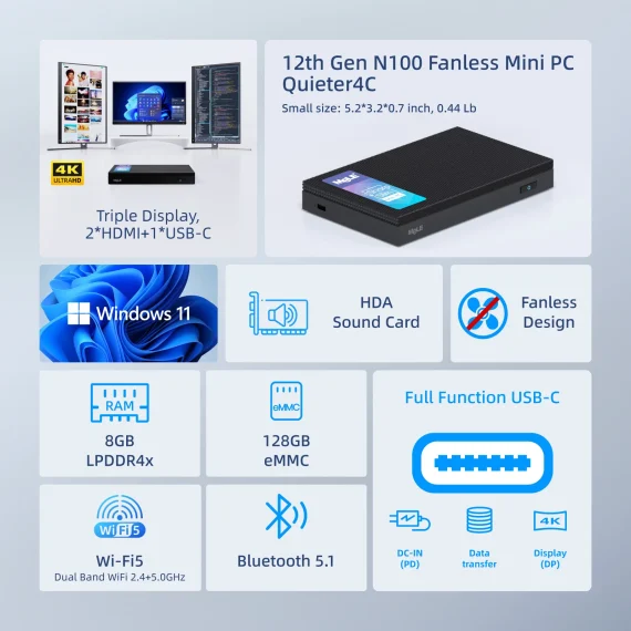 MeLE Mini PC Quieter 4C N100 Fanless 16GB 512GB Win 11 3 | PricZone