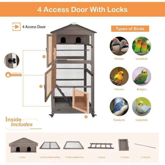 688 inch Large Wooden Bird Aviary Cage with Wheels 4 | PricZone