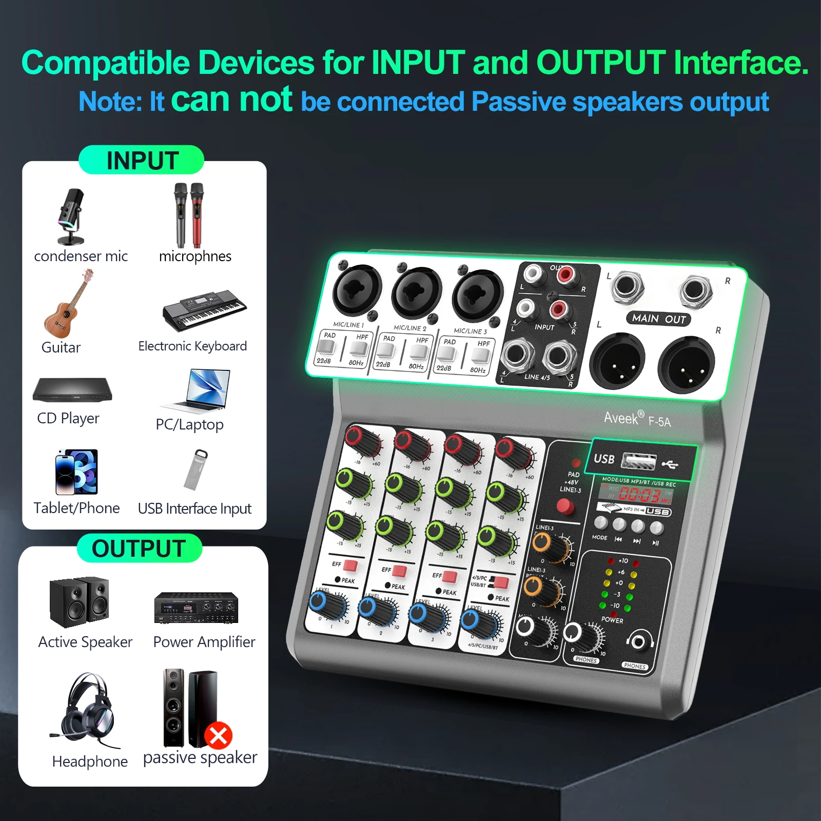 Aveek 5-Channel USB Bluetooth Audio Mixer Console 2 Aveek 5-Channel USB Bluetooth Audio Mixer Console 2