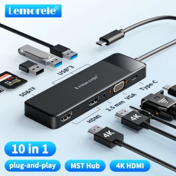 Lemorele USB-C Hub 10Ports Docking Station USB Type C to Dual HDMI 4K 30Hz VGA USB 3.0 Adapter PD100W SD Card Reader for MacBook 1
