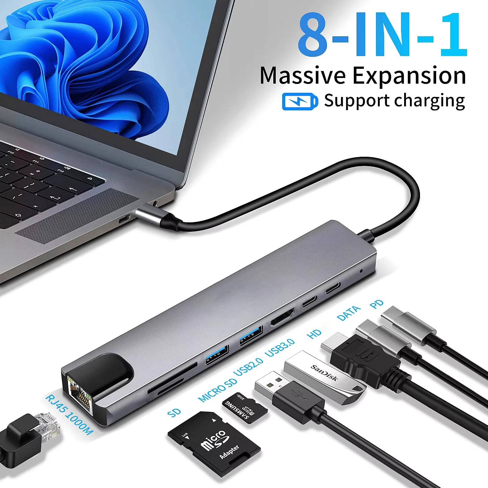 USB C Hub 8-in-1 Adapter for Laptops 1 USB C Hub 8-in-1 Adapter for Laptops 1
