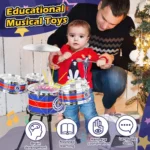 Kids Blue Drum Set with Stool and Drumsticks 4