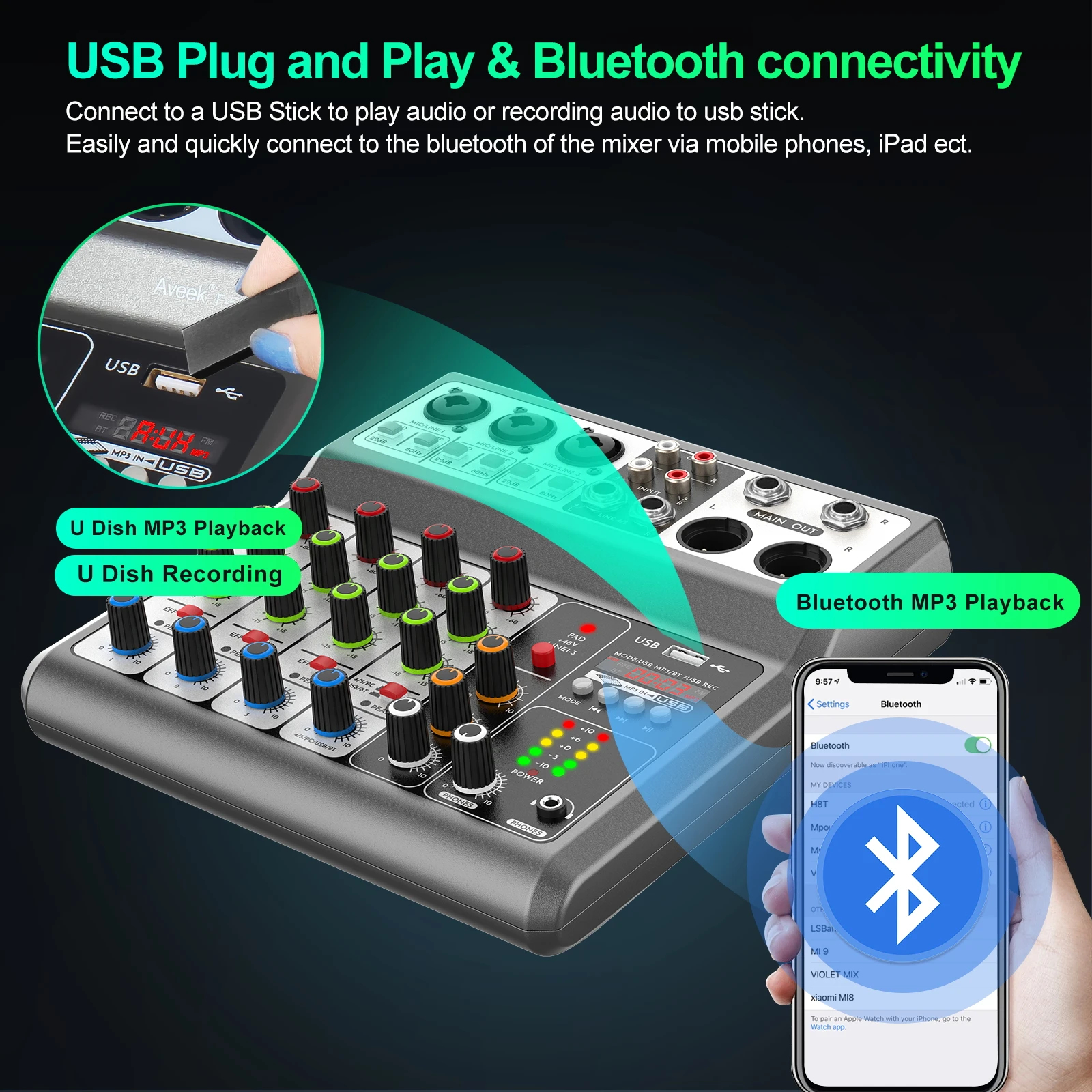 Aveek 5-Channel USB Bluetooth Audio Mixer Console 3 Aveek 5-Channel USB Bluetooth Audio Mixer Console 3