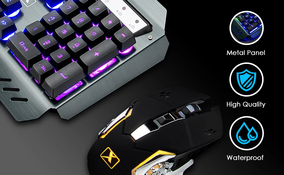 K680 Wireless Gaming Keyboard and Mouse Combo,Rainbow LED Backlit Keyboard with Rechargeable 3800mAh Battery Metal Panel 10