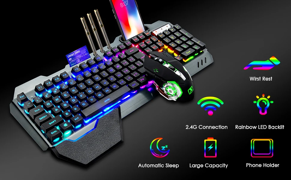 K680 Wireless Gaming Keyboard and Mouse Combo,Rainbow LED Backlit Keyboard with Rechargeable 3800mAh Battery Metal Panel 8
