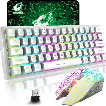 T61 Wireless Gaming Keyboard and Mouse Combo, Ergonomic 61 Key Rainbow LED Backlight Rechargeable 4000mAh Battery Mouse Pad 1