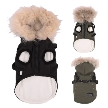 Warm Dog Jacket with Harness and Fur Hood 1