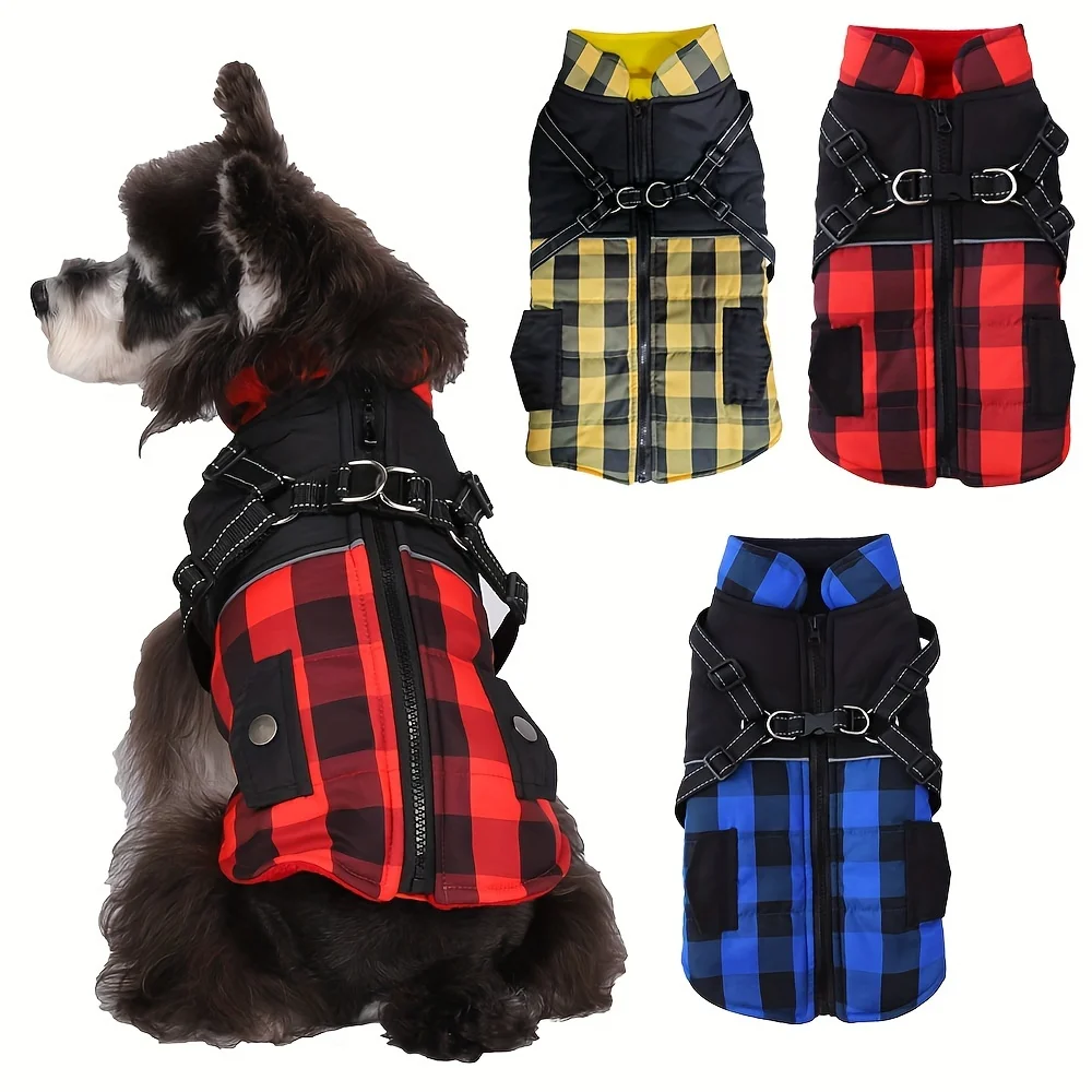 Plaid Winter Dog Jacket with Harness 1 Plaid Winter Dog Jacket with Harness 1