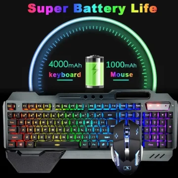 K680 Wireless Gaming Keyboard and Mouse Combo,Rainbow LED Backlit Keyboard with Rechargeable 3800mAh Battery Metal Panel 2
