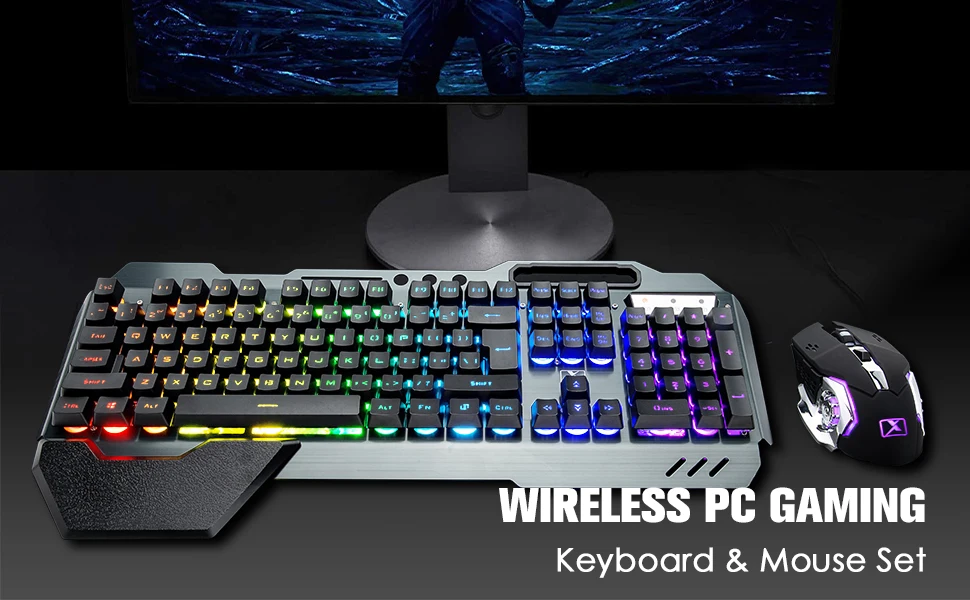 K680 Wireless Gaming Keyboard and Mouse Combo,Rainbow LED Backlit Keyboard with Rechargeable 3800mAh Battery Metal Panel 7