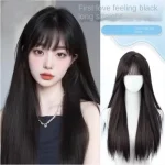 Black Synthetic Long Straight Wig with Bangs 1