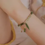 Retro Green Bamboo Beaded Bracelet with Leaf Charm 2