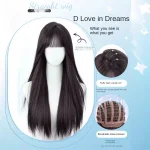 Black Synthetic Long Straight Wig with Bangs 4
