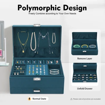 3-Tier Dark Green Suede Metal Jewelry Box Drawers 1
