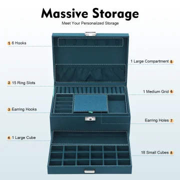 3-Tier Dark Green Suede Metal Jewelry Box Drawers 2