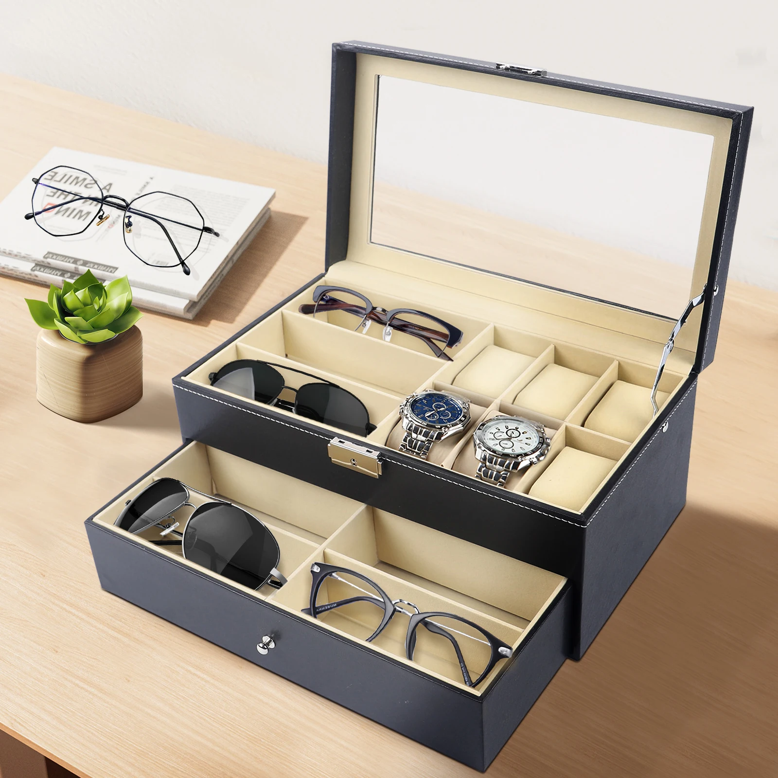 6-Slot Watch Box and Eyeglass Storage Organizer 1 6-Slot Watch Box and Eyeglass Storage Organizer 1