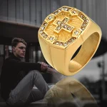 Cross Stainless Steel Rhinestone Ring Gold 5