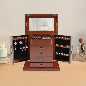 5-Tier 4 Drawer Wooden Jewelry Box with Mirror 1