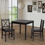 3-Piece Dark Brown Pine Dining Set Space-Saving 2
