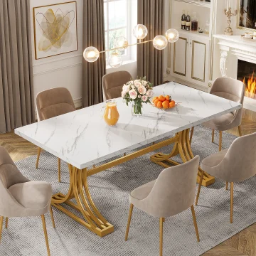 White Faux Marble Dining Table 63-inch Modern 2