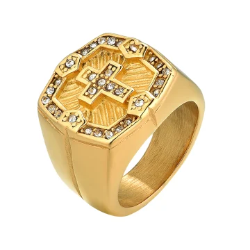 Cross Stainless Steel Rhinestone Ring Gold 1