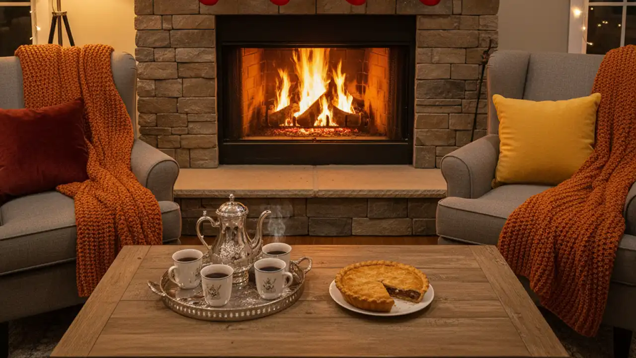 A cozy living room decorated for Thanksgiving with a fireplace, comfortable chairs, and warm lighting.