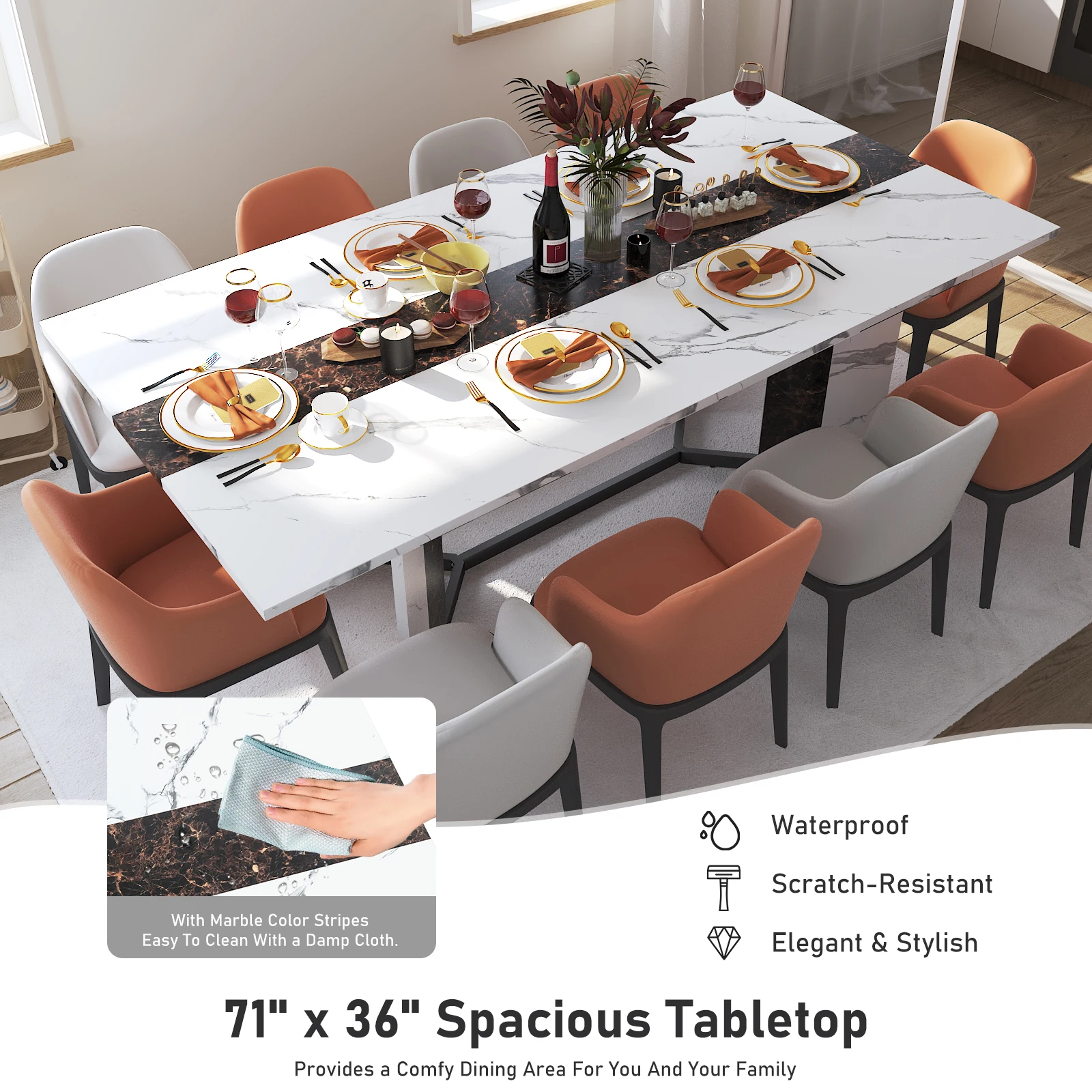 71-inch Rectangular Table for 6-10 Marble Wood 4 71-inch Rectangular Table for 6-10 Marble Wood 4