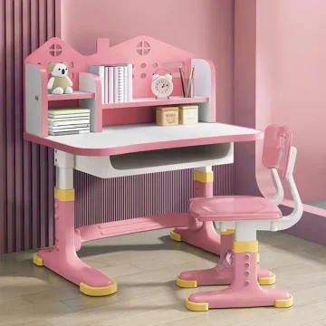 Kids Study Desk Chair Set Height Adjustable Pink 2