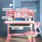 Kids Study Desk Chair Set Height Adjustable Pink 3
