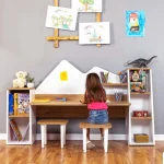 Kids Study Desk Bookshelf 2 Stools Ages 3-8 4