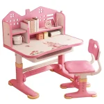 Kids Study Desk Chair Set Height Adjustable Pink 5